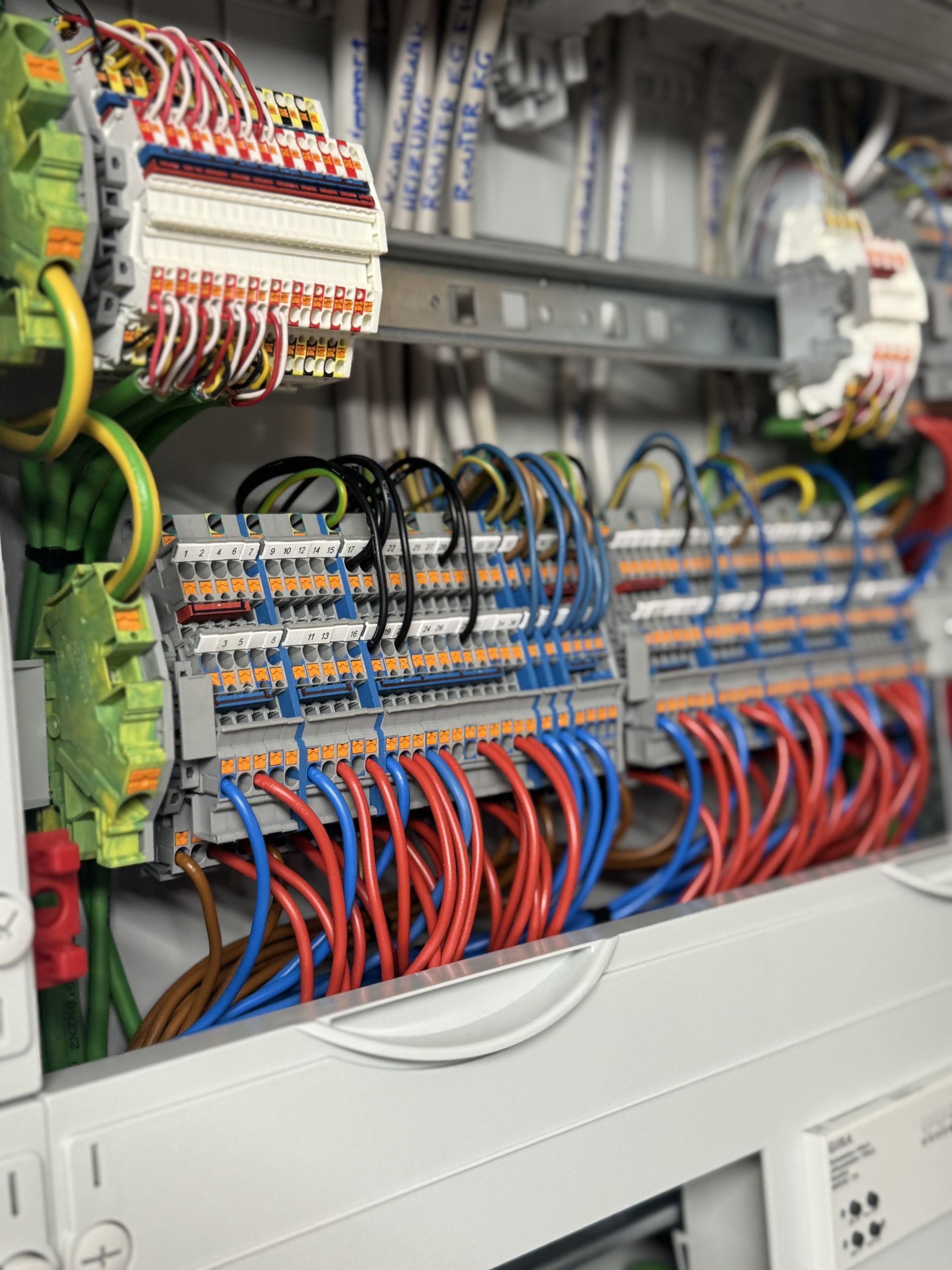 Nahaufnahme eines elektrischen Sicherungskastens mit mehreren Reihen von Klemmen und farbigen Kabeln in Rot, Blau, Schwarz und Braun